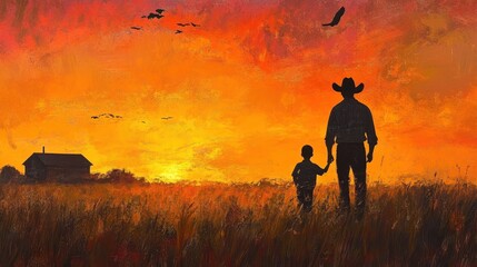 Fototapeta premium Father and Son in Golden Fields: Embracing Family Farming at Sunset in the Countryside
