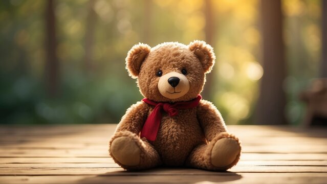 A plush teddy bear with a brown body, dark nose