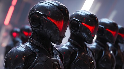 A line of futuristic soldiers with red visors stand in formation ready for action in a sci fi setting