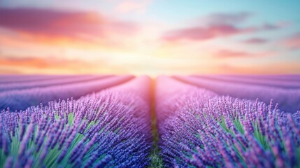 Fototapeta premium Peaceful A field of lavender stretching towards the horizon under soft light.