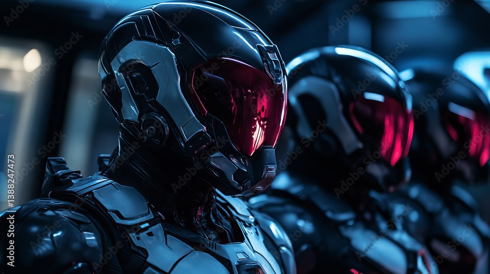 Poster a futuristic team of soldiers with red visors standing in a dark and moody environment setting