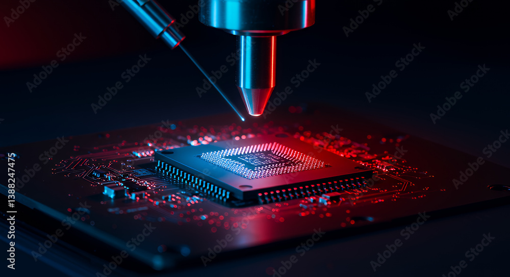 Poster examining semiconductor chip with microscope for quality control and nanotechnology research lab ana
