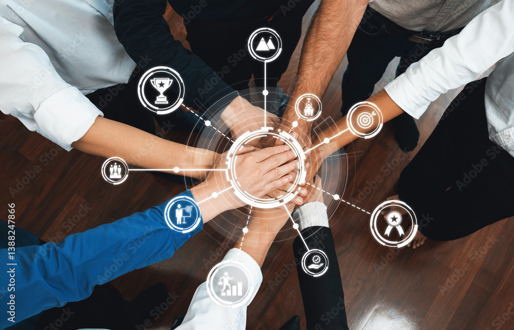 Aufkleber A group of diverse people joining hands in a circle, symbolizing unity and teamwork with digital icons representing goals, achievements, and collaboration in a modern workspace. Amity