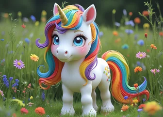 A charming cartoon unicorn with rainbow mane standing in a vibrant flower filled meadow scene