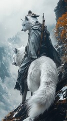 Fototapeta premium Mystical Samurai Like Warrior On Legendary White Wolf photo