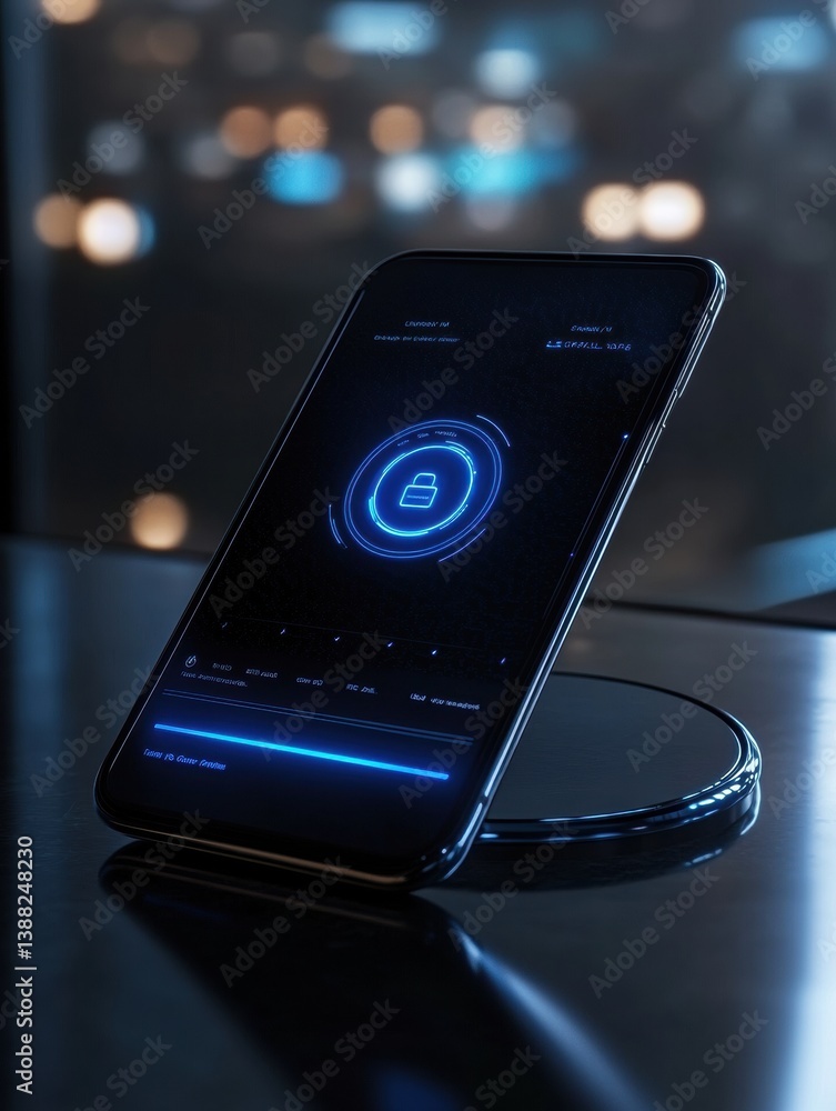 Poster modern smartphone with digital wallet interface glowing softly in a futuristic setting, showcasing c