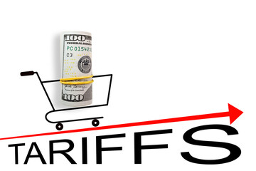 Shopping basket with 100 dollars on red arrow. Trade and tariffs war. Economic crisis, inflation...
