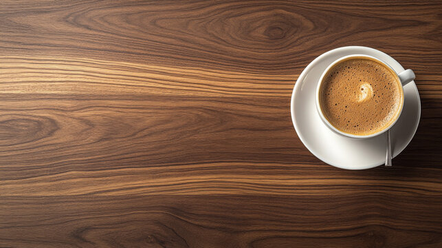 Morning cappuccino served on a rich walnut wood table surface