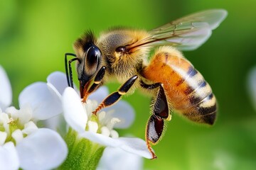 Close-up of honeybee pollinating white flower