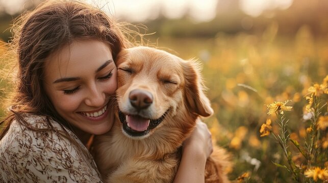 A woman is hugging a dog in a field of yellow flowers - Powered by Adobe