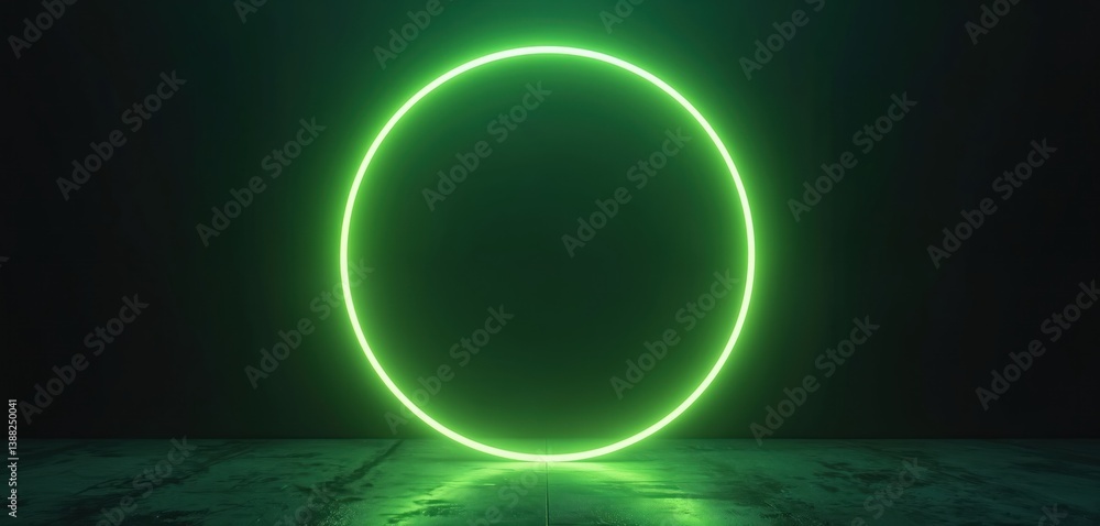 Poster glowing neon green circle on black backdrop. simple minimalist design with a large empty space in ce