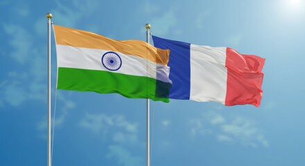 National Flags of India and France Flying Side by Side Against a Clear Blue Sky