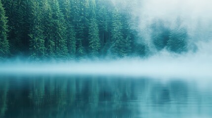 Atmosphere Morning mist rolling over a quiet lake, creating a dreamlike scene.