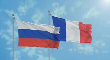 National Flags of Russia and France Flying Side by Side Against a Clear Blue Sky