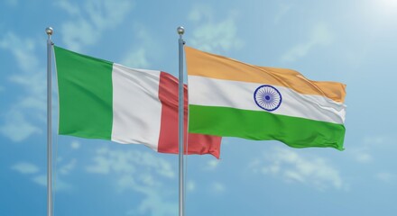 National Flags of Italy and India Flying Side by Side Against a Clear Blue Sky