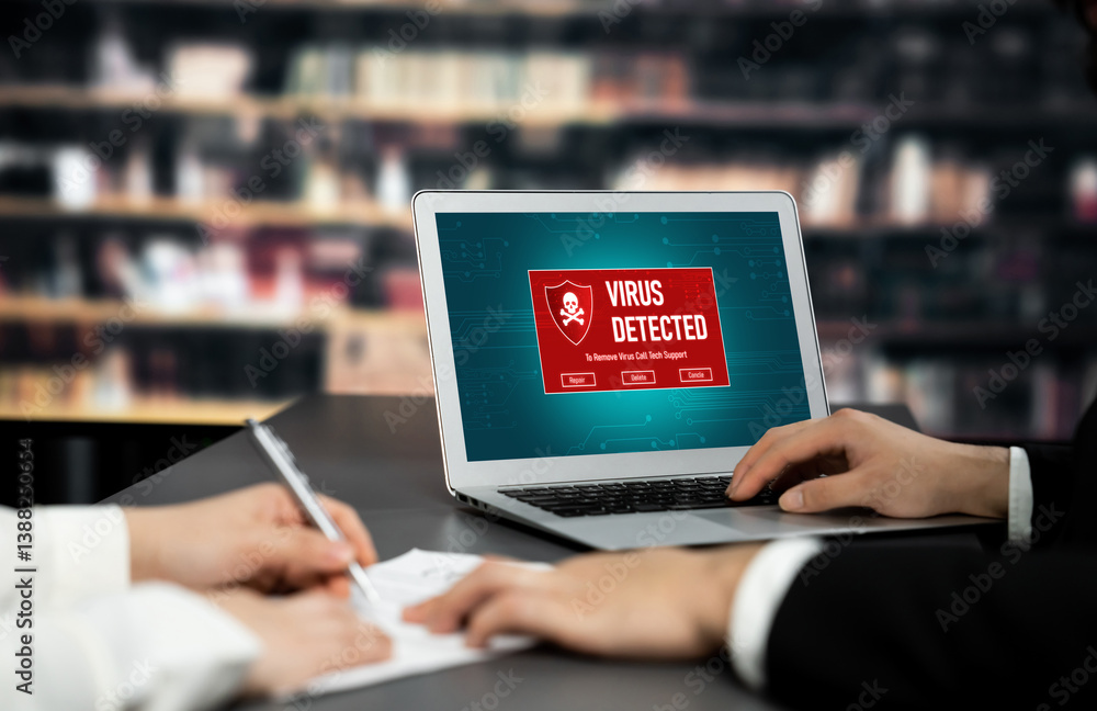 Poster virus warning alert on computer screen detected brisk cyber threat , hacker, computer virus and malw