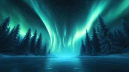 North Northern lights dancing in the sky above a frozen lake surrounded by icy trees.