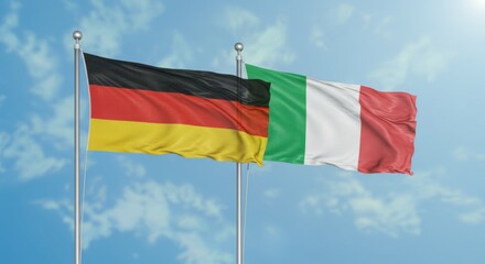 National Flags of Germany and Italy Flying Side by Side Against a Clear Blue Sky