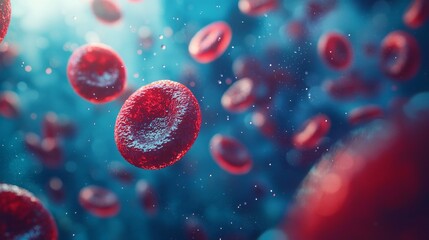 A close up of red blood cells in a blue background