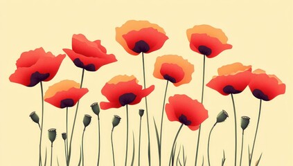 A stylized depiction of red flowers with stems and pods