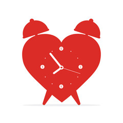 Red heart alarm clock. Wedding and valentine day concept. Тime to love with red heart. Wake up with a smile or time to date with my lover on Valentine Day.