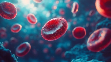 A close up of red blood cells in a blue background