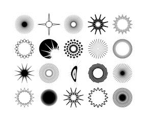Radial circle lines. Symbol of Sun star rays.  Abstract geometric shapes. Set badges. Vector icon collections. 