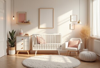 Fototapeta premium charming cozy nursery stylish baby gear soft textiles serene decor gentle lighting modern design, style, atmosphere, comfort, home, interior, furniture, room