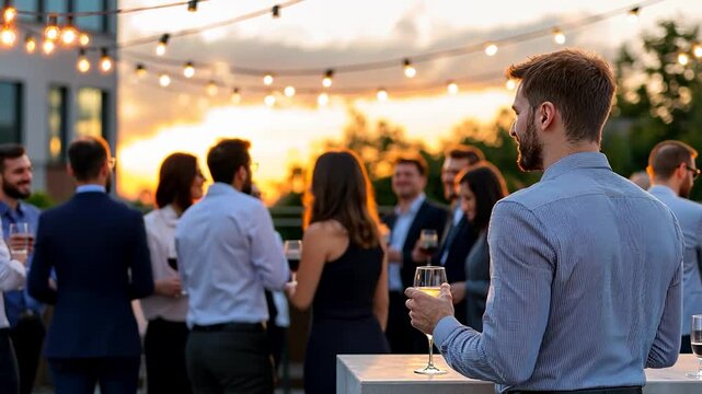 Evening social gathering on rooftop with people enjoying drinks against sunset backdrop