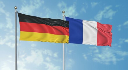 National Flags of Germany and France Flying Side by Side Against a Clear Blue Sky