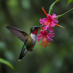 Pink blooming hummingbird in a wooded environment. Flying in a natural tropical wood habitat, red flower, green violet ear, Colibri thalassinus, Tapanti National Park, Costa Rica. Jungle wildlife scen