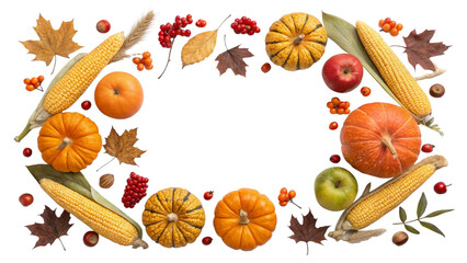  A collection of pumpkins, fruits, dried leaves and corn cobs forming a border, frame, layout isolated against a transparent background for thanksgiving fall and harvest festivals