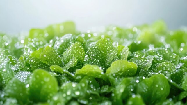 Fresh green leaves, glistening with dew drops, fill the frame. The image features a shallow depth of field, focusing on the texture of the leaves. High-quality, soft lighting enhances the vibrant gr