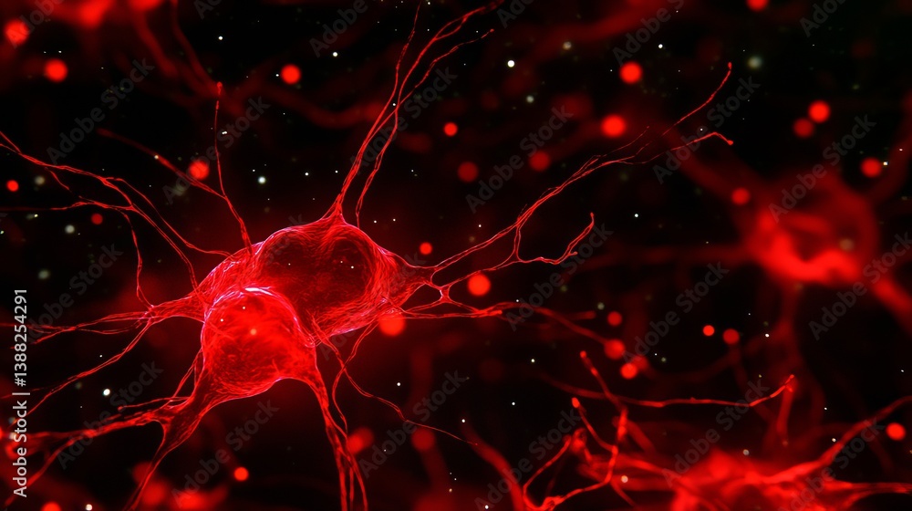 Poster abstract render of red neuron cells with glowing dots on a dark background illustration