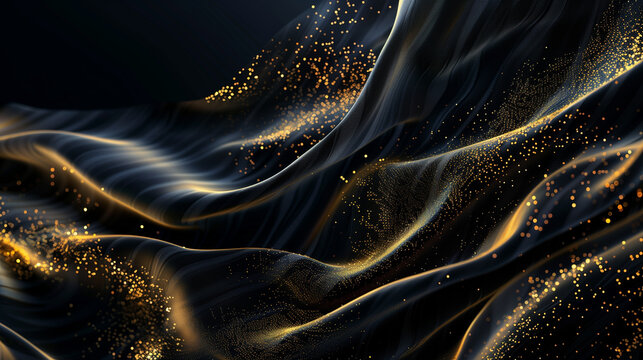 A luxurious abstract composition with flowing golden threads arranged over deep black velvet texture. Elegant lighting and high visual contrast create a harmonious and refined design, perfect for prem