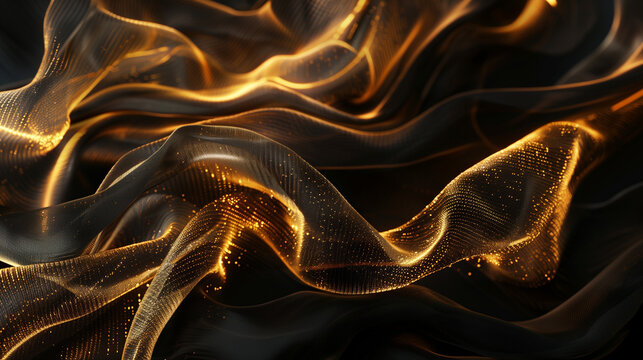 A luxurious abstract composition with flowing golden threads arranged over deep black velvet texture. Elegant lighting and high visual contrast create a harmonious and refined design, perfect for prem