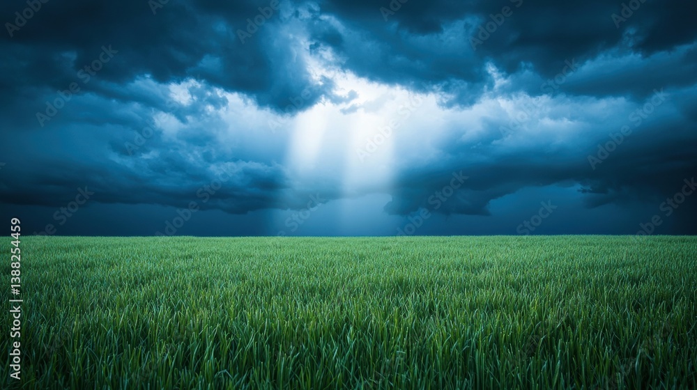 Poster sunbeam bright rays of light peeking through storm clouds over an open field.