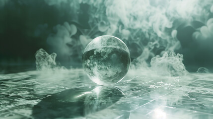 A hyper-detailed transparent crystal orb suspended in soft cool mist, reflecting abstract light patterns. This minimalist surreal composition symbolizes clarity of thought, fragile beauty, and the bal