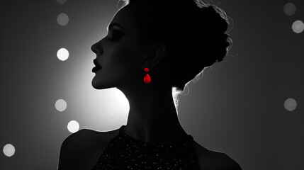 A high fashion female silhouette captured in cinematic black and white lighting with a single striking red accessory. The minimalist background and editorial composition evoke elegance, strength, and 
