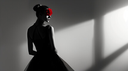 A high fashion female silhouette captured in cinematic black and white lighting with a single striking red accessory. The minimalist background and editorial composition evoke elegance, strength, and 