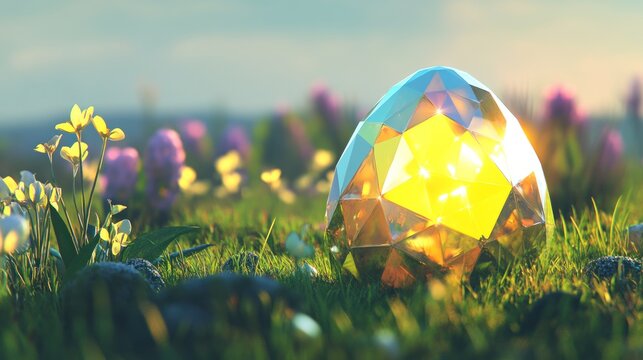 Glowing Faceted Egg Sitting on Green Grass in a Flower Field - Powered by Adobe