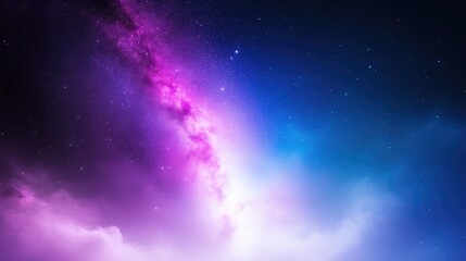 Naklejka premium A vibrant nebula dominates the image, showcasing swirling pink and purple hues. Stars are scattered across a dark blue background, creating depth. The image boasts high quality and resolution lightin
