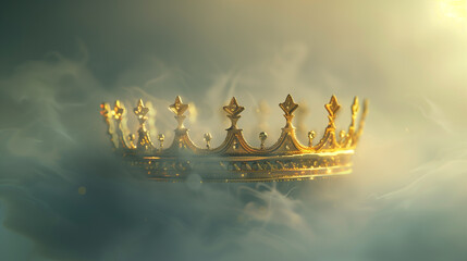 A transparent glass and gold crown floating in soft atmospheric fog. This minimalist visual reimagines nobility through elegance, subtle power, and modern symbolism. A refined composition ideal for co