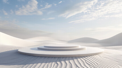 A minimalist conceptual scene featuring an empty circular stage in the middle of a vast white desert. Surrounded by soft, invisible waves in the sand, the composition symbolizes movement born from sil