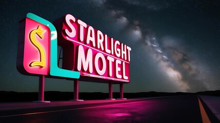 Retro neon sign for "Starlight Motel" glowing under starry sky