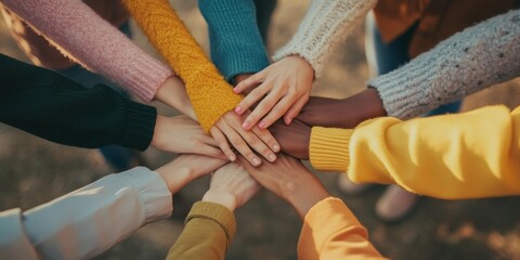 A vibrant circle of diverse hands united, symbolizing multicultural collaboration and the essence of diversity, highlighting the importance of community engagement through dedicated teamwork