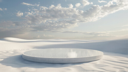A minimalist conceptual scene featuring an empty circular stage in the middle of a vast white desert. Surrounded by soft, invisible waves in the sand, the composition symbolizes movement born from sil