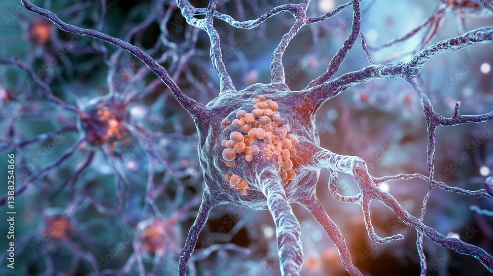 Poster close up of a neuron cell with dendrites and axons on a blue background with orange highlights