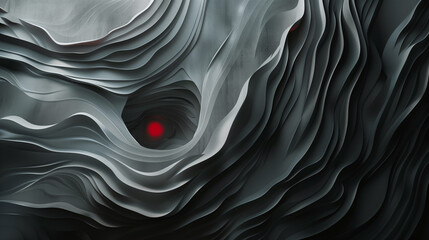 A dark minimalist abstract visual featuring layered gray swirls and a small hidden red dot. The composition evokes emotional tension and inner turbulence, creating a surreal yet calm atmosphere with s