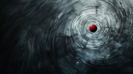 A dark minimalist abstract visual featuring layered gray swirls and a small hidden red dot. The composition evokes emotional tension and inner turbulence, creating a surreal yet calm atmosphere with s